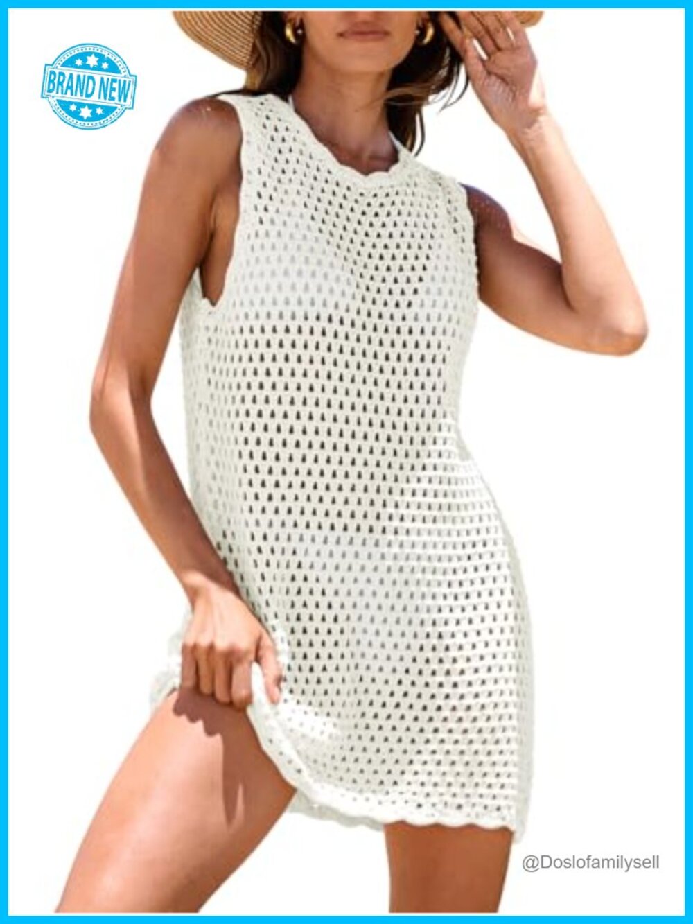 Crochet Mini Dress Swim Coverup Sleeveless Hollow Knit Beach